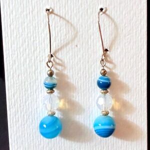 Blue Banded Agate Crystal Drop Earrings Artisan Dangle Stephanie Aune   J3036
